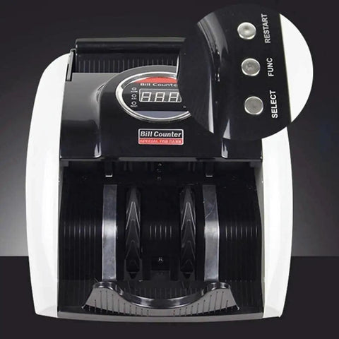 Foolproof Portable Money Counter And Clutch Automated Banknote Tally Device With Fluorescence Fake Bill Detection showing control buttons and display.
