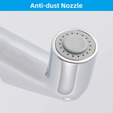 Close-up of Universal Kitchen Sink Side Sprayer Head Replacement With Easy Install Chrome Finish No Brainer Upgrade That Works With Delta Moen Kohler And Other Major Brands Sprayer Heads For Faucet Attachment showing anti-dust nozzle feature.
