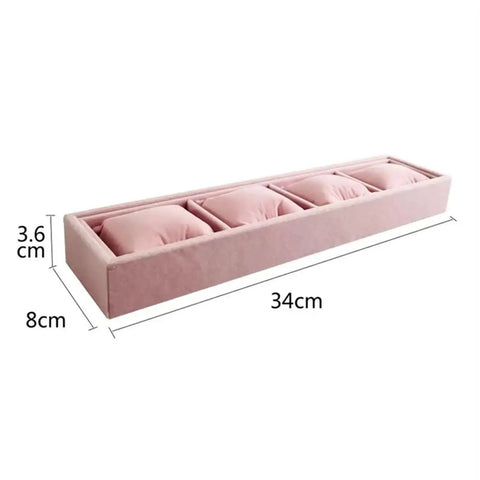 Keep Your Daily Carry Looking Sharp With This Grey Velvet Watch Tray And Jewelry Organizer Set Featuring Four Spacious Grids Wrapped In Plush Mini Pillows For Sleek Bracelet Display And Zero Clutter, pink velvet watch organizer with four padded slots.