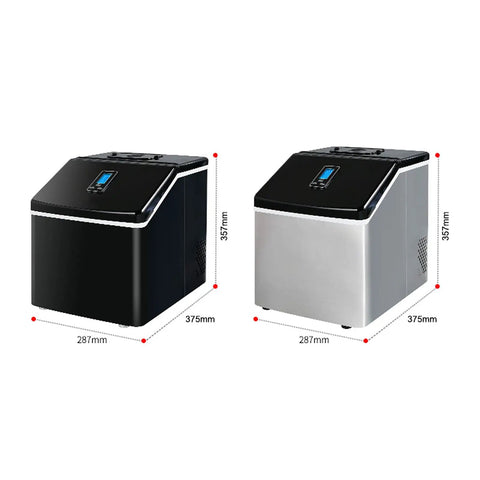 Quick Chill Countertop Nugget Ice Maker Portable Machine with black and silver models side by side, showcasing dimensions.