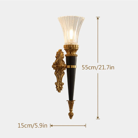 Solid Copper Wall Sconce Clear Textured Glass Shade Matte Black With Brushed Gold Trim Heavy Duty Indoor Lighting Fixture 55cm tall.
