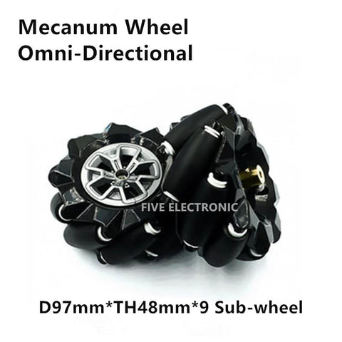 Mecanum wheel set for robot cars featuring omni-directional nine sub-wheel design, ideal for DIY robotic projects with smooth movement.