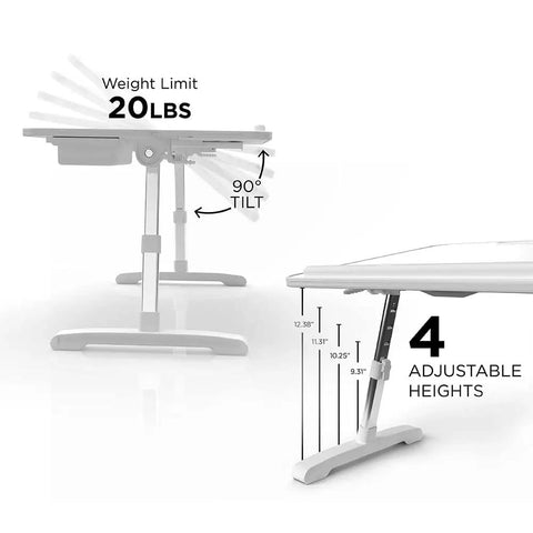 Portable Lap Desk And Workstation With Adjustable Height And Tilt, PVC Leather Finish, showing 90° tilt and 4 height levels