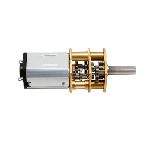 Side view of DC micro gear motor with brass gear train and steel output shaft