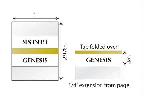Slick Gold Edged Self Adhesive Bible Tabs For Old And New Testament Plus Catholic Books Quick Reference Page Markers with 'Genesis' label.
