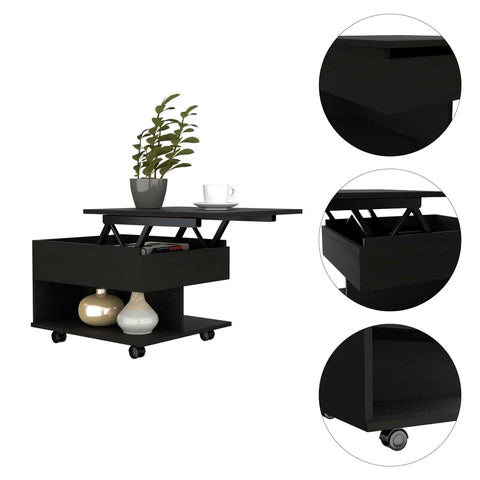 Super Slick Black Lift Top Coffee Table With Massively Deep Hidden Storage And Roomy Open Shelf Rolling Easy On Solid Locking Casters For Total Living Room Vibe Upgrade Today, showcasing the open shelf and lift top.