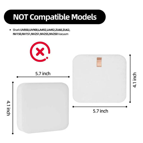 Product dimensions for foam and felt vacuum filter replacement set, showing incompatibility with certain models.