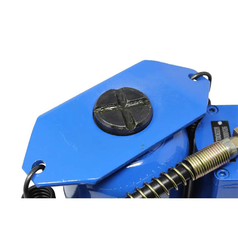 Detail of the cap and pressure valve on the Massive Twenty Ton Air Hydraulic Bottle Jack For Garage Shop And Diy Rigs Heavy Duty Steel Workhorse Fast Pump Operation Reliable Precision Valve Solid American Toughness In Blue.