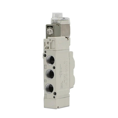 Top Rated SY5120 Pneumatic Solenoid Valve Assembly 2 Port 3 Way side view with connectors for heavy duty machinery use.