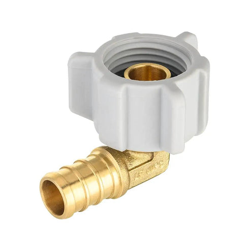 Close-up of Ten Pack PEX One Half Inch To One Half Inch Female NPT Swivel Brass Crimp Elbow Fittings Lead Free ASTM F1807 NSF Certified