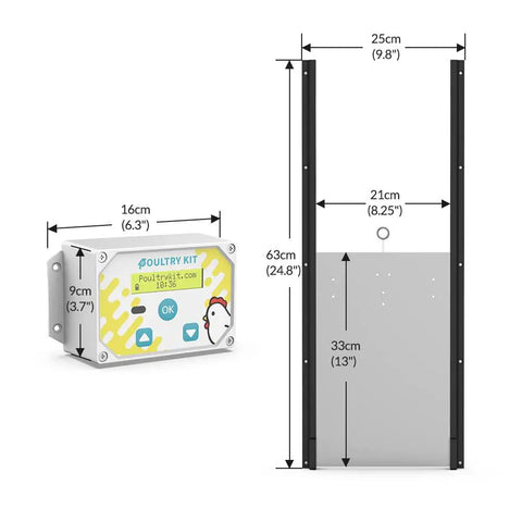 Rainproof Automatic Chicken Coop Door Opener With No Fuss Easy Install 12.99 By 8.66 Inch Self Lock Aluminum Door Kit AC 120V Or 12V Battery Powered Open And Close With Weekly Timer And Light Sensor Weatherproof showing control box and door dimensions