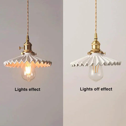 White Ceramic Pendant Light With On Off Switch Pleated Chandelier Design E26 Socket Perfect For Kitchen Island Dining Room And Hallway 7.87 Inch Diameter, lights on and off comparison