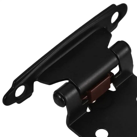Close-up of Heavy Duty Steel Spring Door Hinges For RV Cabinets And More, Semi Concealed Half Overlay Design, in black steel.