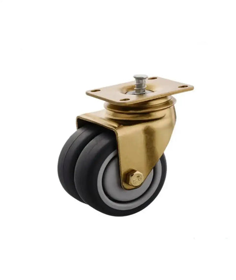 Heavy Duty 3 Inch Swivel Caster Wheels Featuring Silent TPR Design And Precision Ball Bearings For Aviation Carts And Dining Furniture Rolls Smooth As Butter No Fuss Operation Straight Up Reliable Haulers Single Piece, gold bracket with black wheels.