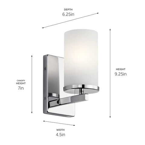Crosby 9.25 Inch Chrome Wall Sconce With Satin Etched Cased Opal Glass 1 Light Modern Vanity Light dimensions diagram