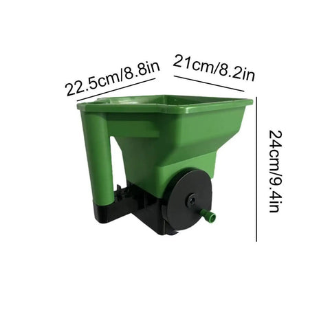 Grab And Go Handheld Grass Seed And Fertilizer Spreader in green, showing dimensions for portable manual lawn garden seeding.