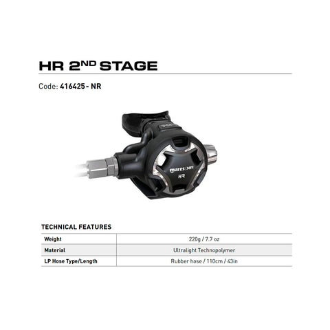 HR Second Stage Cold Water Diver Regulator With Adjustable Breathing Comfort, ultralight technopolymer body, rubber LP hoses, black