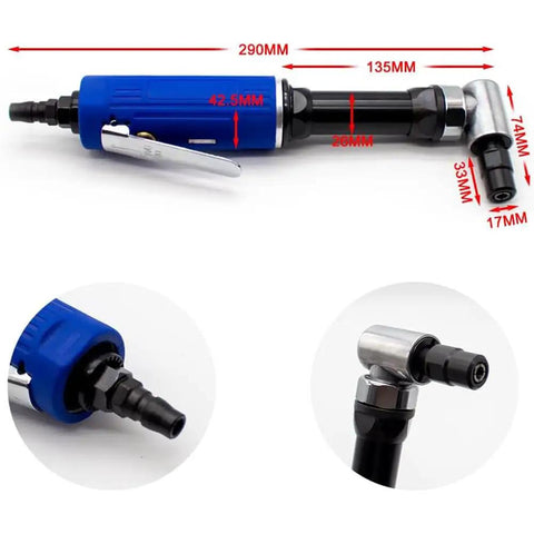 Heavy Duty Pneumatic Angle Die Grinder, 1/4 Inch Air Powered Rotary Tool with ergonomic blue handle and compact 90-degree angle.