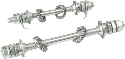 4.92 Inch Silver Front Bike Axle Bearings Replacement Hub for quick install, lightweight, durable wheel axle in detail view.