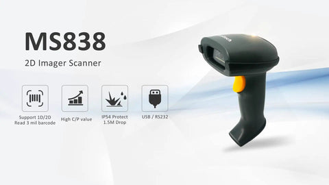 2D Imager Barcode Scanner, USB Wired, Fast Reads 3 Mil Barcodes On Paper Or Screen, PDF417, QR Code, Data Matrix, Aztec Code, IP54