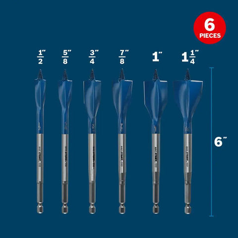 Set of six blue 6-inch boring bits with reinforced reamer edges for nail embedded wood, heavy duty performance.