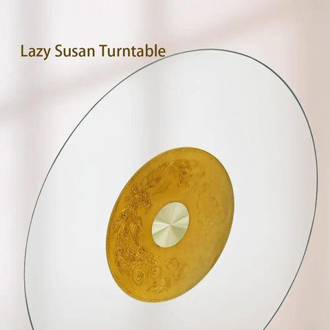 Super Spacious 40 Inch Lazy Susan Turntable For Kitchen Tables Crafted From Tough Tempered Glass with a golden centerpiece.