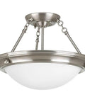 2-Light Eclipse Collection Close-To-Ceiling Light In Brushed Nickel With Satin White Glass 15-1/4 Inch Diameter 10-5/8 Inch Height Indoor Ceiling Fixture For Modern Hallways And Living Areas Model P3567-09, brushed nickel fixture with white glass.