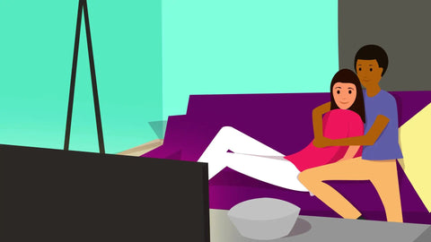 Illustration of a couple sitting on a purple sofa watching TV in a modern living room, with a bowl on the table.