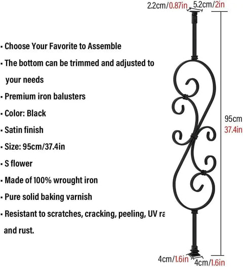 Top Shelf Kick Ass Wrought Iron Railing Posts And Diy Staircase Balusters For Outdoor Deck Porch Backyard With Rust Proof Paint And 37 Inch Heavy Duty Metal Banister Spindles in black satin finish, 37.4 inches tall.
