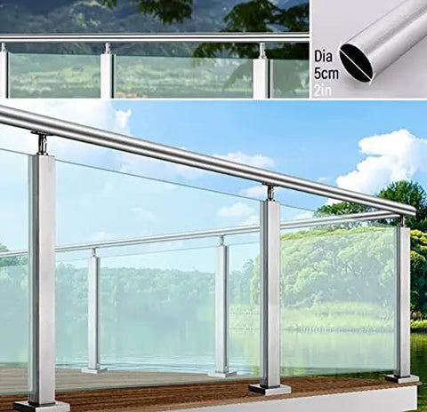 Solid 304 Stainless Steel Railing Post Kit With Round Handrail Guardrail System For Glass Panels Deck Patio Balcony Knockout Rust Resistant Design Zero Hassle Install Built Damn Tough with clear glass panels.