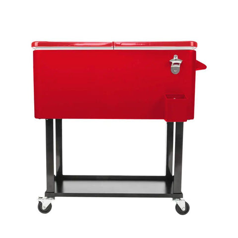 Side view of 80 Qt Rolling Cooler Ice Chest Cart With Bottle Opener And Bottom Shelf For Backyard Patio Parties Stores 70 Cans Or 50 Bottles Keeps Drinks Cold Up To 48 Hours Portable Red Beverage Chest with wheels