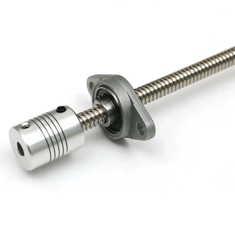 Top Rated 3D Printer T8 Lead Screw Kit Horizontal Set Featuring Stainless Steel T8 Trapezoidal Screw With All Copper Nut And Square Seat Available In 400mm Length For Smooth Stepper Motor Drives And Great Engraving Performance, shown with coupler and bearing mount