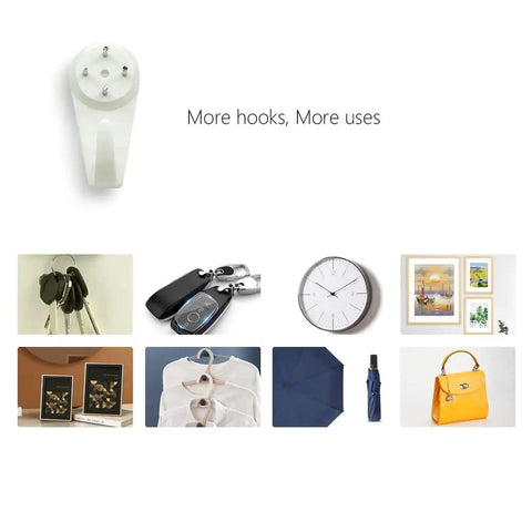 No Trace Picture Hangers For Concrete And Drywall 25 Pack Invisible Nail Hangers holding keys, clock, frames, and art.