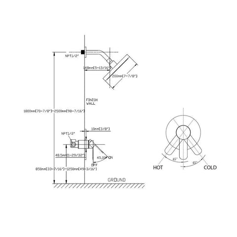 Technical diagram of Chrome Shower Faucet Set With 8 Inch Rainfall Shower Head Wall Mounted Single Function Trim Kit And Rough In Valve