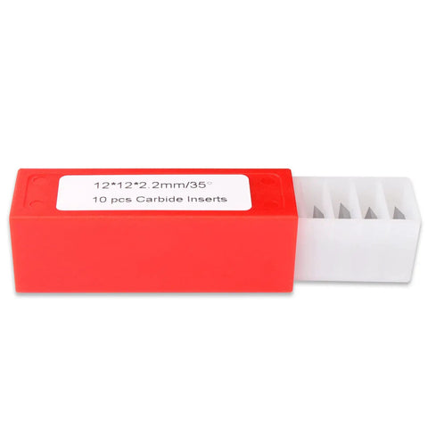 Straight Up 12X12X2.2Mm Square Corner Tungsten Carbide Turning Inserts with red storage case for easy use.