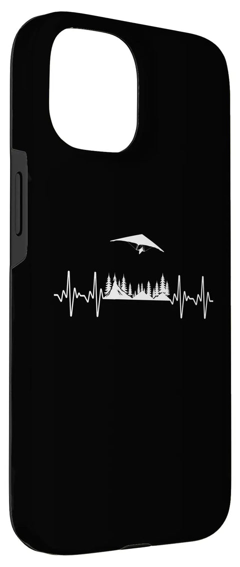 Hang Glider Art Phone Case For IPhone 15 For Men Women Cool Hang Glide Gear Gift Idea For Teens Instructors And Flight Fans Who Love Hang Gliding Skies with black background and white hang glider design over trees and heartbeat line.