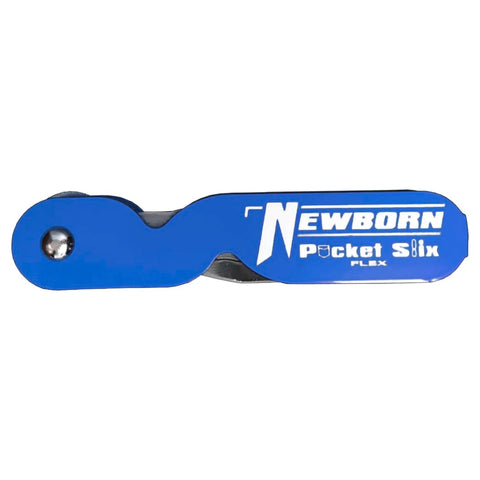 Six In One Folding Pocket Caulk Spatula Set With Stiff Slicks closed, blue handle showing Newborn Pocket Six branding.