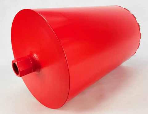Red 11-inch diamond wet core drill bit barrel with 1-1/4 inch threaded connection, front view
