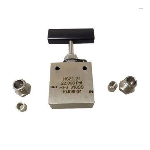 Front view of stainless steel hand-operated needle valve with black T-handle and inlet/outlet fittings.