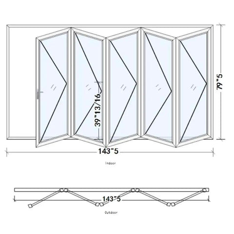 Five Panel Aluminum Folding Glass Door In White With Low E Tempered Glass And Heavy Duty Rollers design dimensions and layout