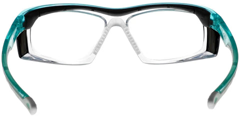 Rear view of Lead Shielded Safety Glasses With.75mm Pb Eq Lenses And.50mm Pb Eq Side Shields, TR-90 Frame, Silicone Nose Pads, Teal Color