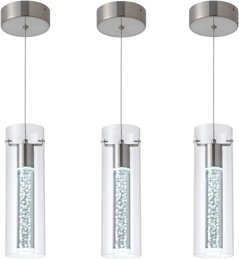 Three Pack Modern Pendant Lights In Satin Nickel With 24W LED Bulbs 6000K Bubble Glass Dome Chandelier For Kitchen Island Dining Room Living Room Corridor And Restaurants in brushed nickel finish