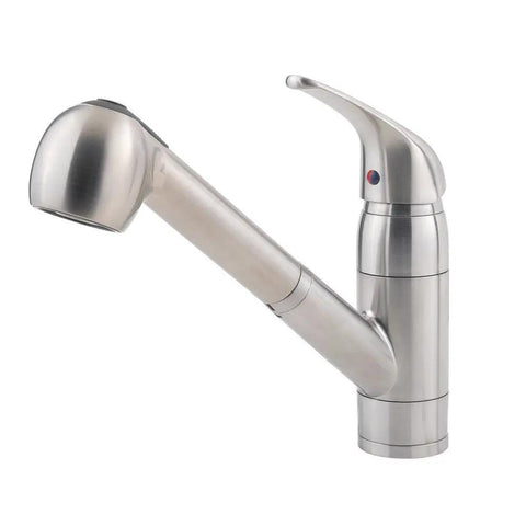 First Rate Pfirst Series Single Handle Pull Out Kitchen Faucet in Stainless Steel with 360 Degree Swivel Spout Water Efficient 1.75 GPM Flow