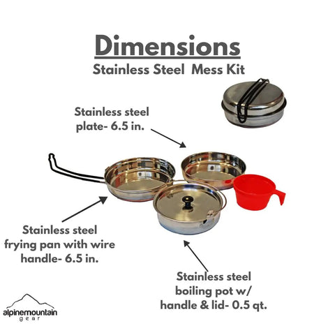 Stainless Steel Camping Mess Kit With Carrying Bag Featuring Grub Ready 6.5 Inch Fry Pan, 0.5 Qt Pot With Lid, Plate, Plastic Cup