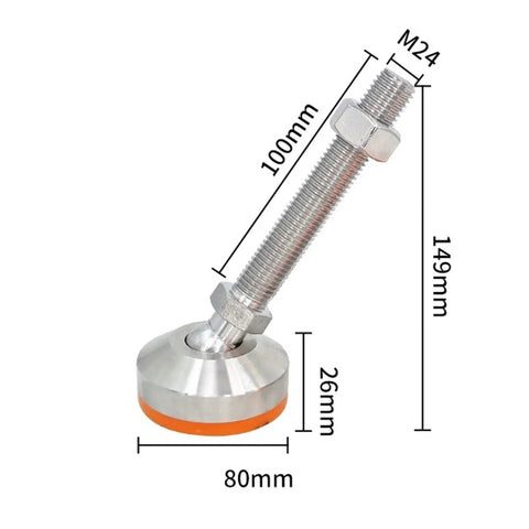 Rock Solid Boss Tier Leveling Screws Featuring Dead Nuts 304 Stainless Steel Swivel Pads 80X24Mm with rubber base and M24 threads.