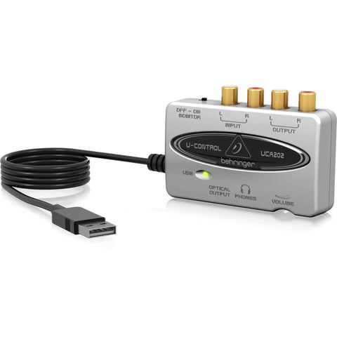 UCA202 Ultra Low Latency USB Audio Interface with 2 In 2 Out digital output, stereo headphone monitoring, bus powered, for home studio.