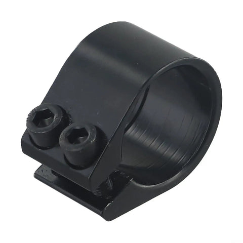 Double Bolt Aluminum Seatpost Clamp For Bikes, 31.8mm Diameter, Lightweight But Tough, Black And Silver, Premium Forged Alloy, side view.