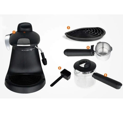 Semi Automatic Espresso Coffee Machine With Swivel Milk Frother For Silky Cappuccinos Compatible With Coffee Pods Quick Heat 730 W components displayed on white background.
