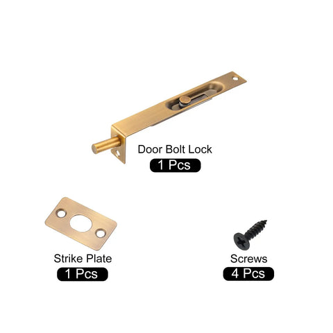 Six Inch Flush Bolt For Wood And Composite Doors With Brass Tone Finish. Includes door bolt lock, strike plate, and screws.