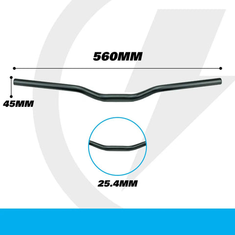 Diagram of black handlebar dimensions, 560mm width, for 19mm Handlebar Conversion Kit For Mini Bar Upgrade On 12eDRIVE And 16eDRIVE Bikes